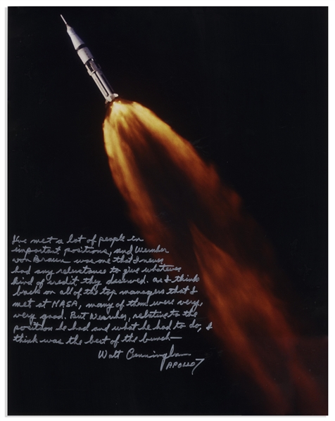 Walter Cunningham Signed 16'' x 20'' Photo With Personal Message Honoring Wernher von Braun -- ''...Wernher von Braun...was the best of the bunch...''